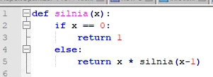 Przykład kodu silni z wcięciami napisanego w Pythonie