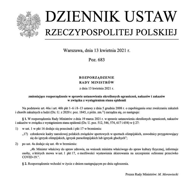 Dziennik Ustaw - rozporządzenie odnośnie szczepień dla sportowców