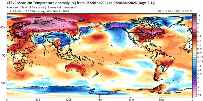 Prognoza anomalii temperatury na Ziemi na przełomie lutego i marca