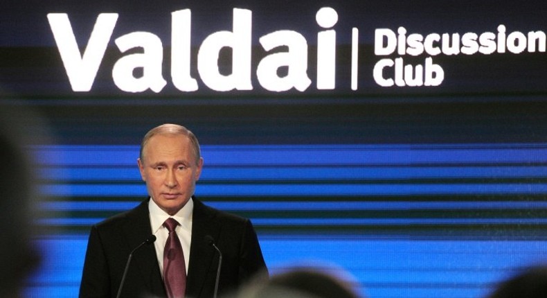 Russian President Vladimir Putin gives a speech at a Valdai Discussion Club meeting of political scientists in Sochi on October 27, 2016