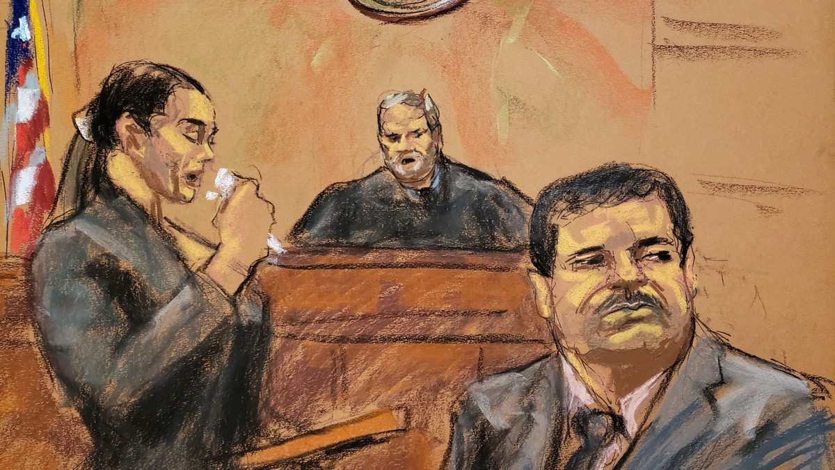 Andrea Velez, a former associate of Joaquin El Chapo Guzman, reads an impact statement in this court sketch during a sentencing hearing for Guzman in New York City