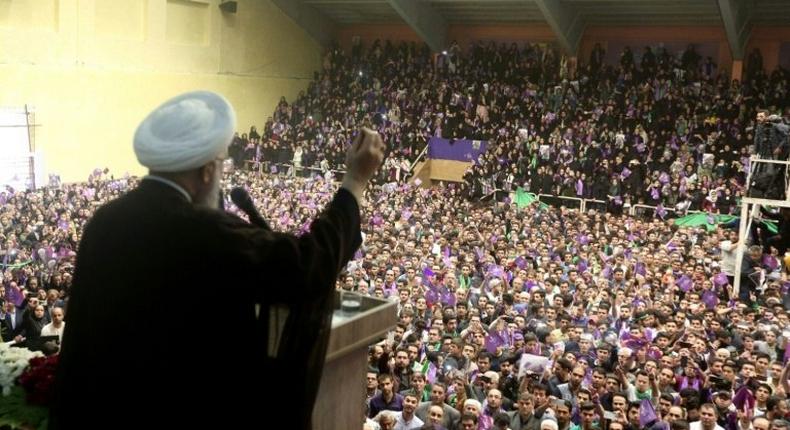 Iranian President and candidate in Friday's election Hassan Rouhani addresses a campaign rally in the northwestern city of Ardabil on May 17, 2017