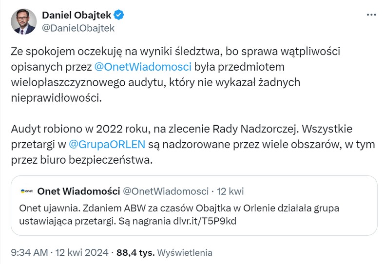 Ujawnione przez Onet informacje o wszczętym przez prokuraturę śledztwie dotyczącym działalności Michała Roga, Daniel Obajtek dezawuował na Twitterze