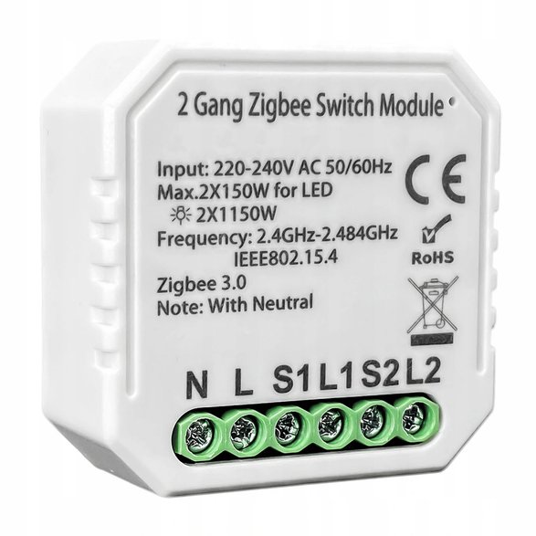 Niewielki moduł (46x46x18 mm) to podwójne, zdalnie sterowane gniazdo. ZigBee TUYA Smart w sklepie Netowo kosztuje 84 zł