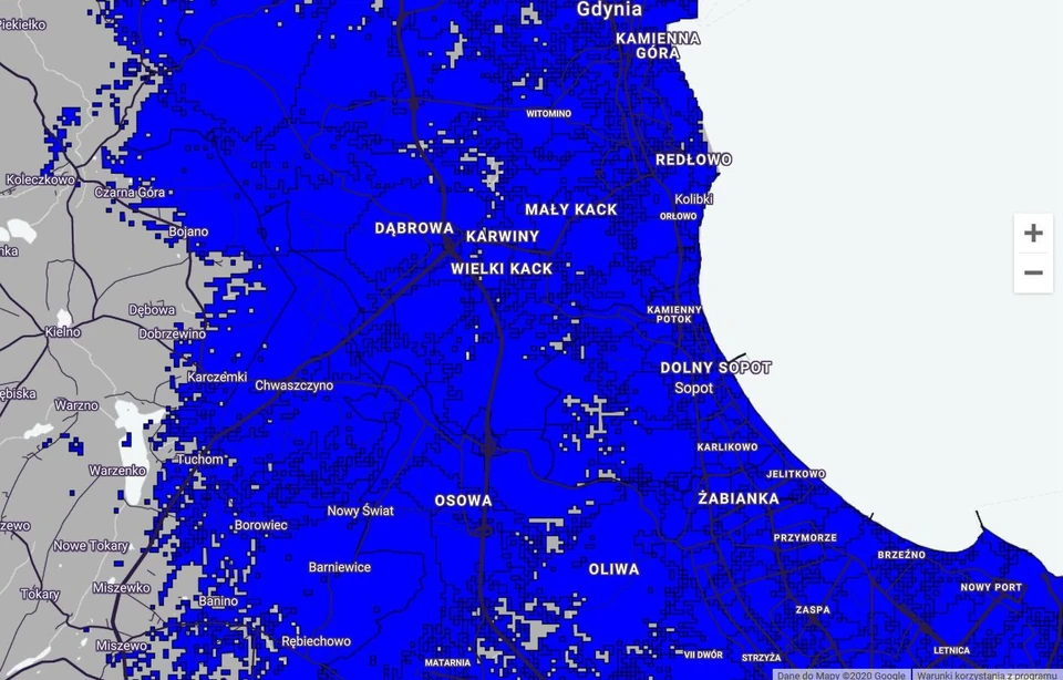 Mapa zasięgu 5G w Play - Gdynia (część południowa) i Sopot
