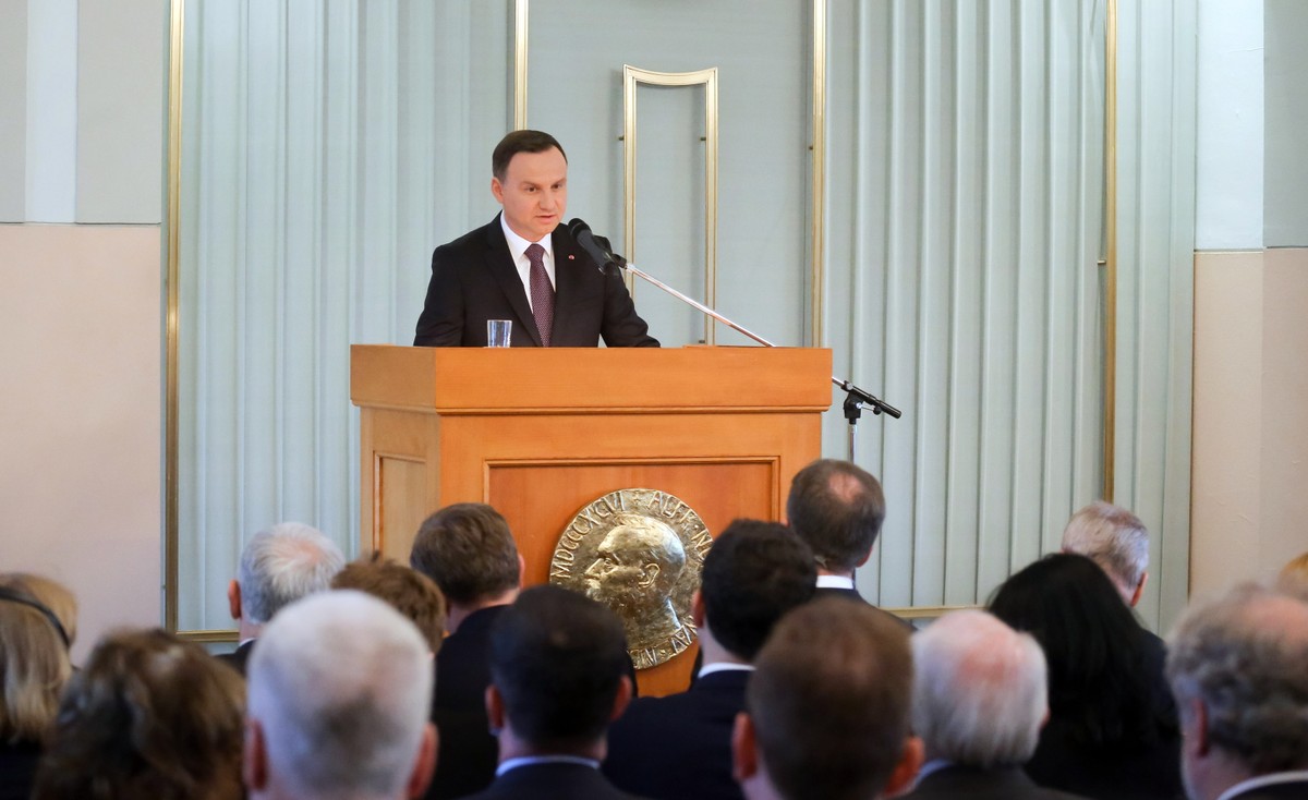 Prezydent Andrzej Duda podczas wystąpienia w Norweskim Instytucie Noblowskim w Oslo