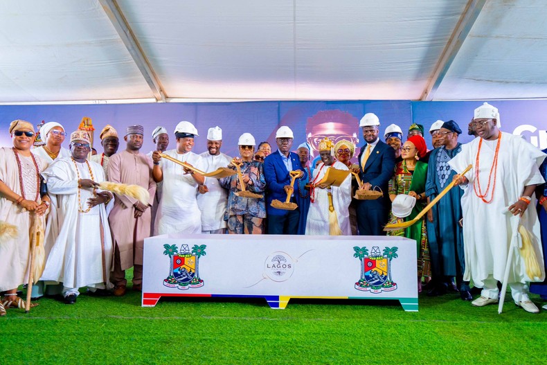 From left, Member, Lagos House of Assembly, Mr Solomon Bonu; Special Adviser on Tourism, Arts and Culture, Mr Idris Aregbe; Commissioner for Tourism, Arts and Culture, Mrs Toke Benson-Awoyinka; Gov. Babajide Sanwo-Olu of Lagos State; Elejirin of Ejirin in Epe, Oba Ishola Balogun; Chief Executive Officer, Del-York International, Mr Linus Idahosa and Secretary to the State Government, Barr Bimbola Salu-Hundeyin, during the Official Groundbreaking Ceremony of the Lagos Film City Project at the Lagos Film City Site, Ejirin, Epe in Lagos on Wednesday (18/10/23).