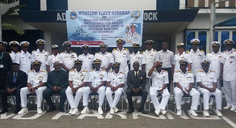 The Flag Officer Commanding, Western Naval Command, Rear Adm. Habila Ngalabak with other senior officers during a group photograph at the Maritime Offences and Procedures for Arrest and Detention of Ships in Nigerian Maritime Environment Seminar at the Nigeria Navy Ship(NNS) Quorra in Lagos.