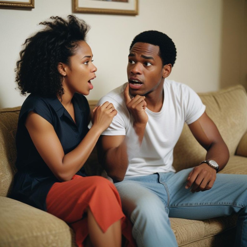 An AI-generated photo of a black couple arguing. They're sitting on a couch