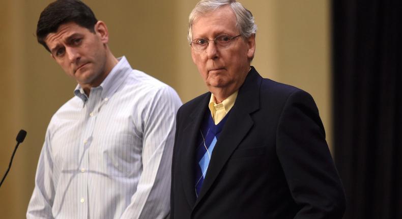 (L-R) U.S. House Speaker Paul Ryan and U.S. Senator Mitch McConnell address the media during the 2017 Congress of Tomorrow Joint Republican Issues Conference in Philadelphia, Pennsylvania, U.S., January 26, 2017.