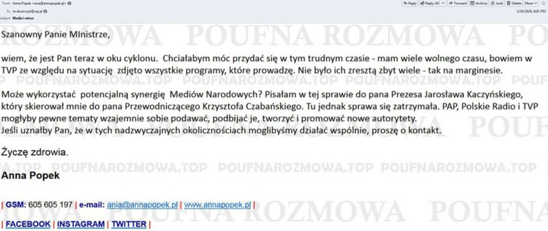 Screen wiadomości, którą Anna Popek miała wysłać do Michała Dworczyka