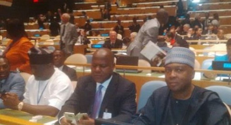 Senate President, Bukola Saraki and House of Representatives Speaker, Yakubu Dogara in New York for the United Nations (UN) Conference of Parliamentary Heads on August 31, 2015