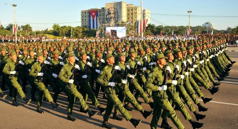 Cuban troops participate in a military parade in honor of recently deceased revolutionary leader Fidel Castro, at Revolution Square in Havana, on January 2, 2017