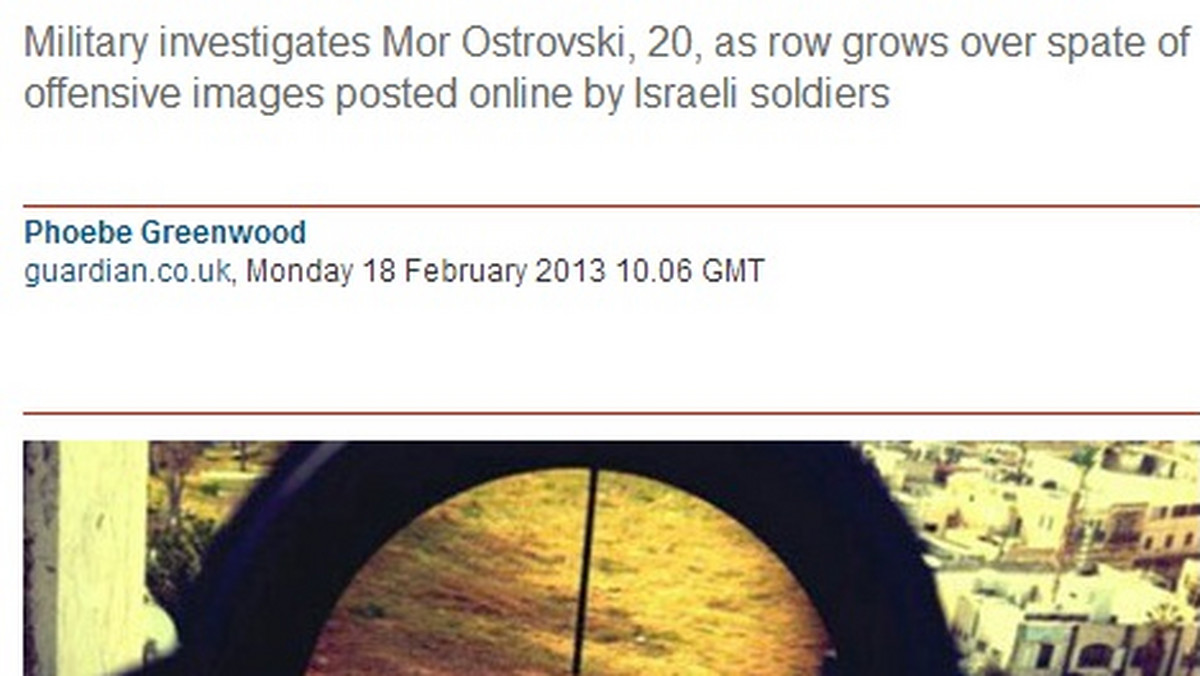 Falę oburzenia wywołał izraelski żołnierz, który zamieścił na portalu Instagram fotografię, przedstawiającą, jak się wydaje, tył głowy palestyńskiego chłopca, widzianej przez celownik optyczny karabinu. Wojsko izraelskie zapowiedziało przeprowadzenie śledztwa. Zdjęcie to obiegło media na całym świecie.