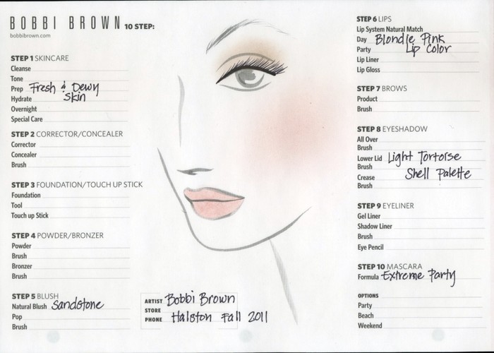 Face chart - makijaż Bobbi Brown dla Halston w stylu Seventies Romance na New York Fashion Week Autumn/Winter 2011