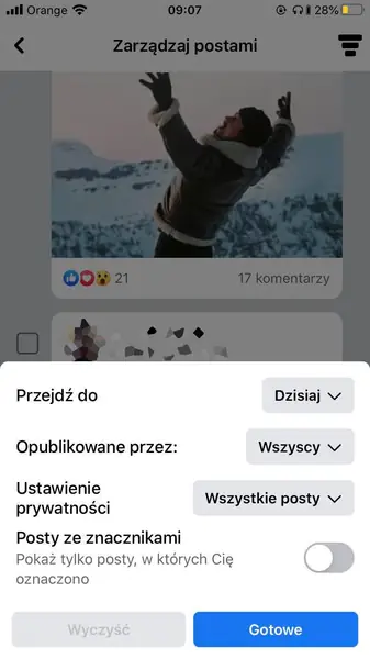 Menu funkcji zarządzania postami