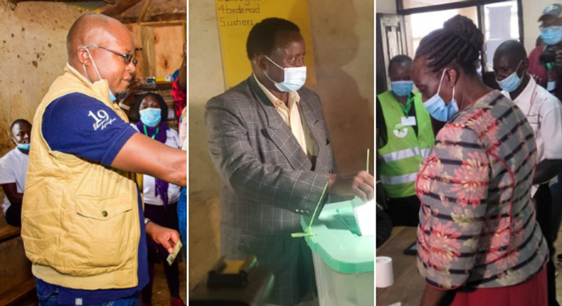 Bonchari by-election candidates Pavel Oimeke (ODM), Zebedeo Opore (Jubilee) and Teresa Bitutu (UDA)