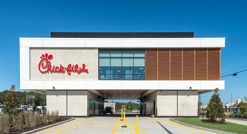 Chick-fil-A's newest restaurant is drive-thru only, with four lanes for cars below the restaurant itself.Chick-fil-A