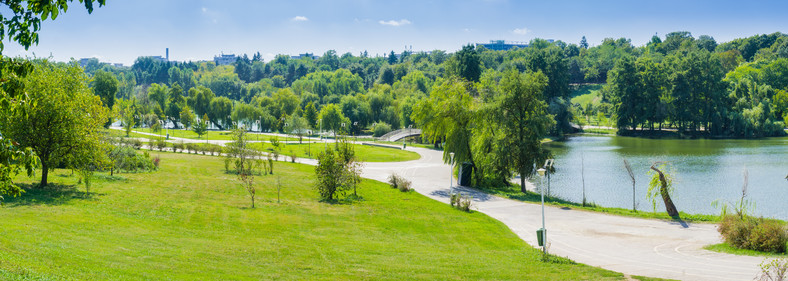 Park miejski w centrum Bukaresztu. Połączenie wody i zieleni