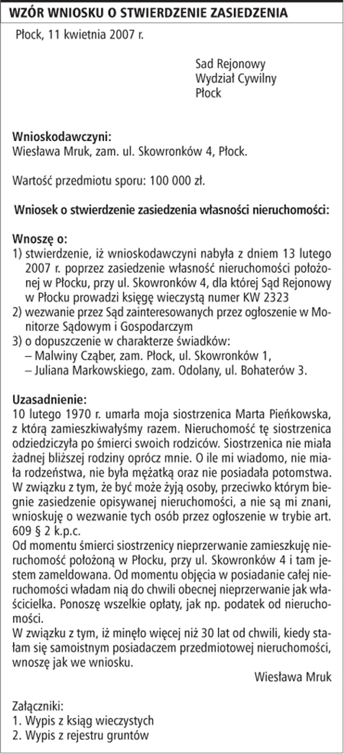 Wzór wniosku o stwierdzenie zasiedzenia