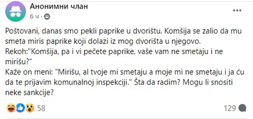 Komšija je prijavio policiji jer peče paprike