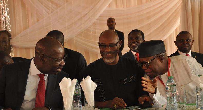 Governor Godwin Obaseki, Edo APC Chairman, Anselm Ojezua and Former Edo SSG, Professor Julius Ihonvbere at an orientation programme for new political appointees.