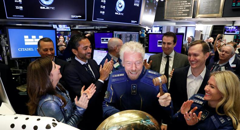 Sir Richard Branson on the floor of the New York Stock Exchange as their SPAC-sponsored Virgin Galactic begins  public trading in October 2019.