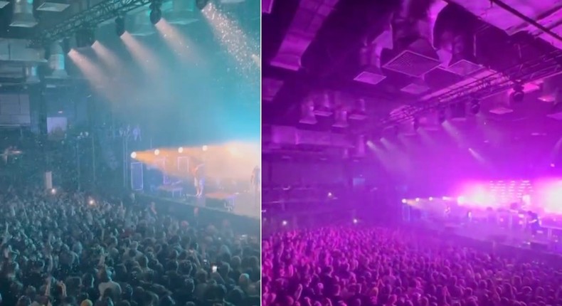 Screenshots of a video showing a crowd at a Kis-Kis concert in St Petersburg chanting on May 20, 2022.