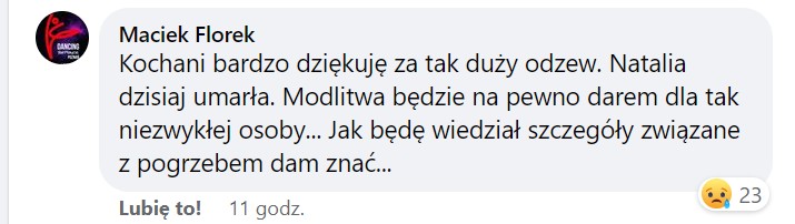 Maciej Florek poinformował o śmierci koleżanki