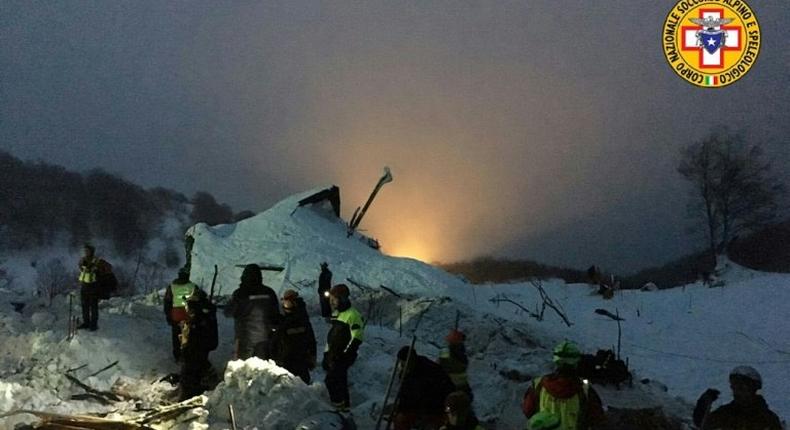 A picture released by Italy's CNSAS rescue agency shows teams working at the avalanche-hit Hotel Rigopiano