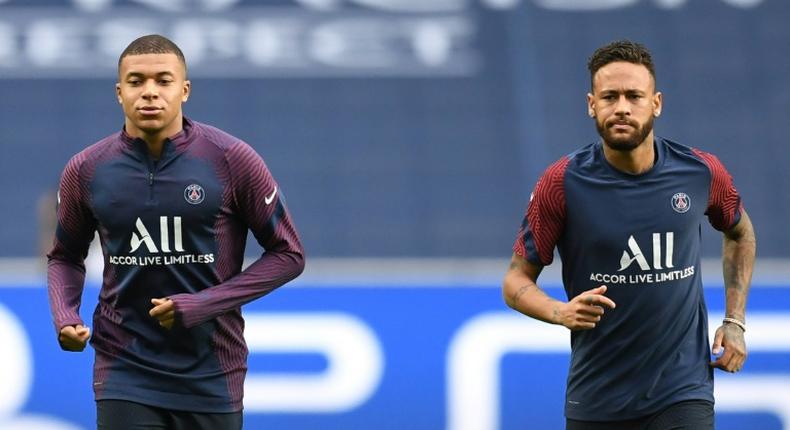 Kylian Mbappe and Neymar at Paris Saint-Germain's training session in Lisbon on Tuesday, on the eve of their Champions League quarter-final against Atalanta