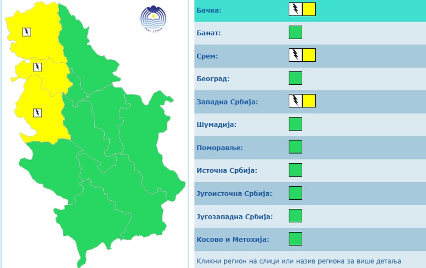 Žuti meteoalarm danas u Srbiji