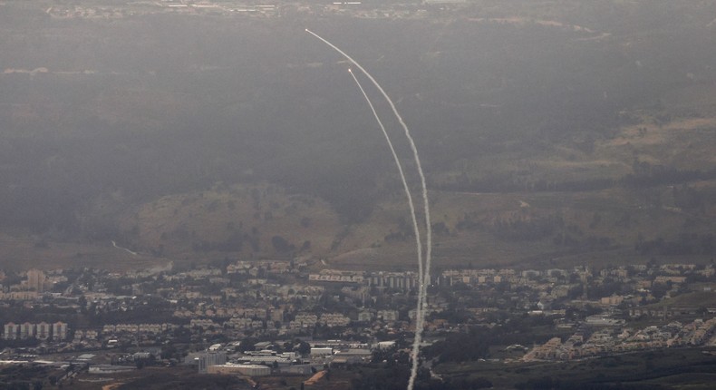 Israel's Iron Dome missile defense system launching to intercept rockets being fired from Lebanon next to the city of Kiryat Shmonaon on May 10, 2024.JALAA MAREY/AFP via Getty Images