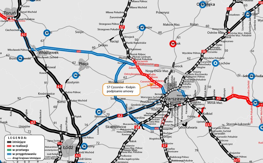 Przebieg trasy S7 Czosnów-Kiełpin