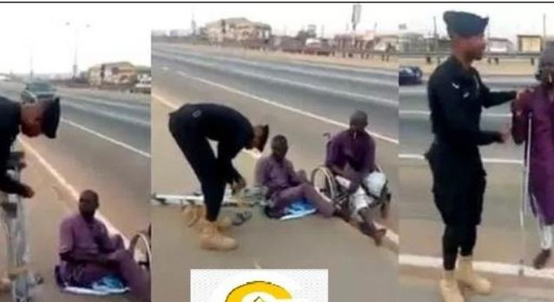 Compassionate Ghanaian police officer buys clutches for disabled beggar (Video)