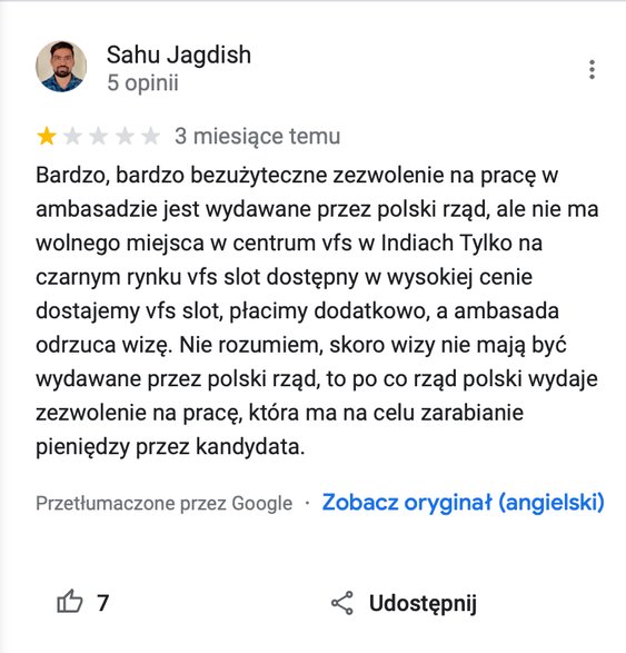 Screenshot komentarza ze strony konsulatu RP w Google Maps