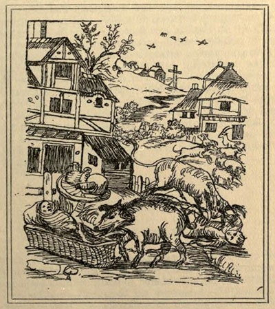 XIX-wieczne wyobrażenie świni atakującej małe dziecko