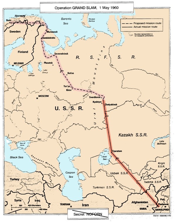 Trasa przelotu U-2 Powersa 1 maja 1960 r. (mapa ujawniona przez CIA)