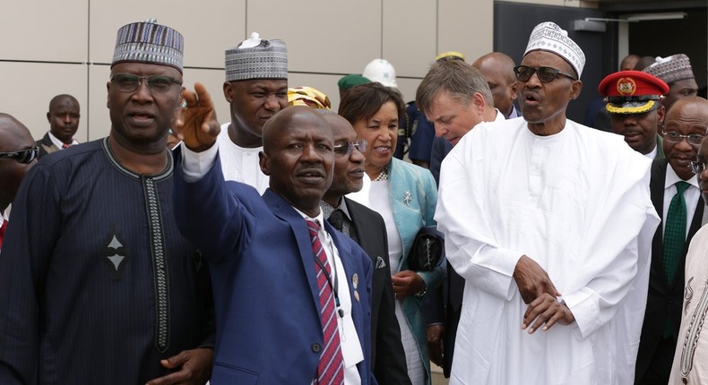 L-R: Secretary to the Government of the Federation, Boss Mustapha, EFCC acting chairman, Ibrahim Magu and President Muhammadu Buhari