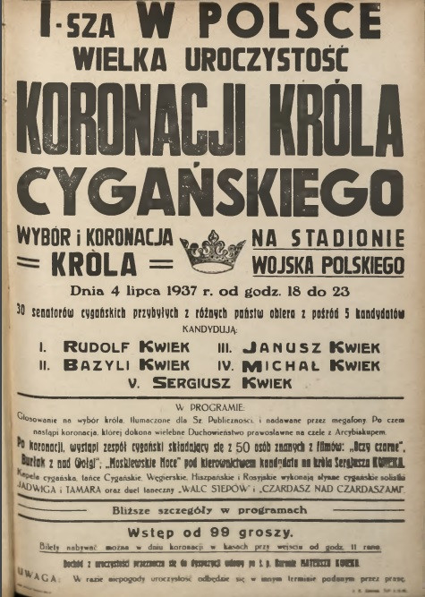 Plakat zapraszający na koronację "króla Cyganów"
