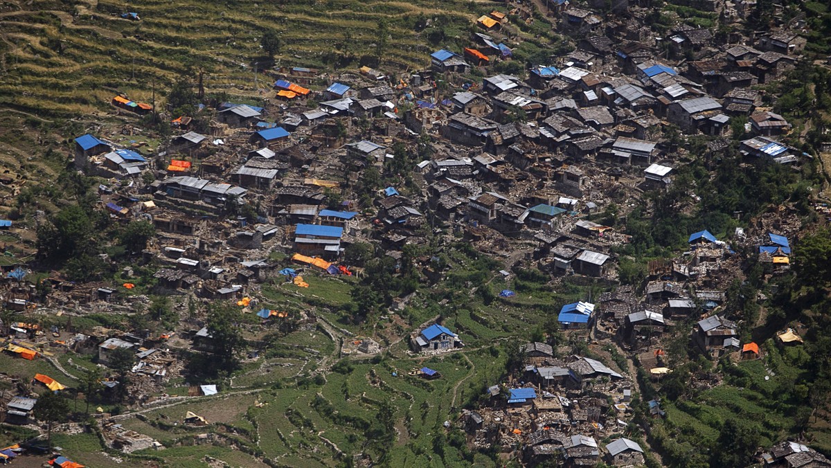 An aerial view of houses damaged by last week's earthquake is seen near Sirdibas