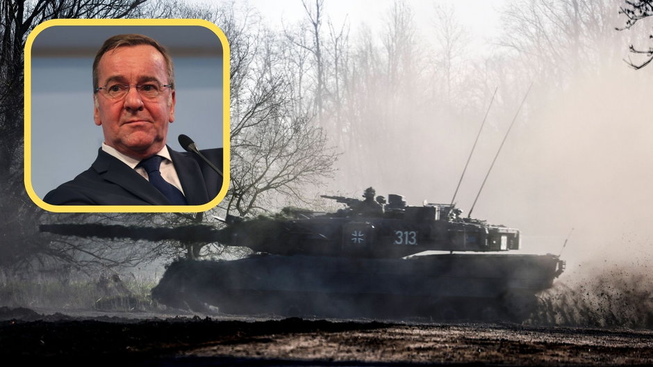 Niemiecki minister obrony narodowej Boris Pistorius. W tle czołg  Leopard 2A7 w trakcie ćwiczeń w Saksonii-Anhalcie w połowie marca