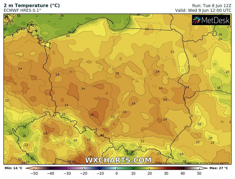 Prognoza temperatury na godzinę 14:00