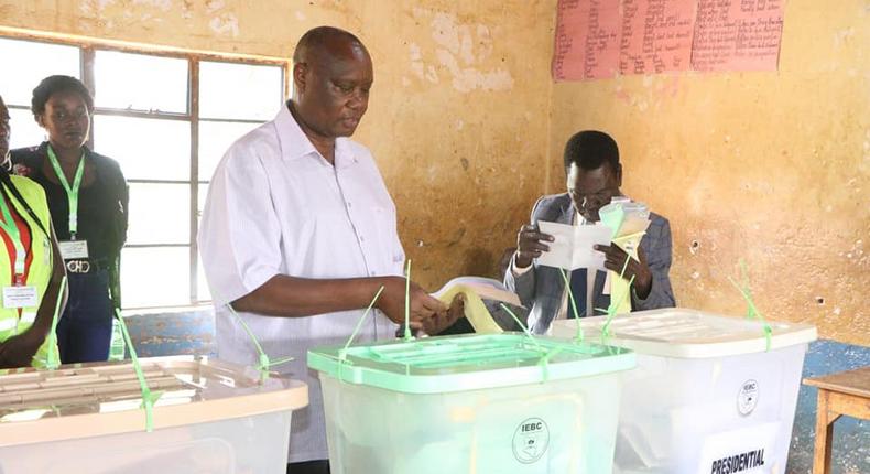 Incumbent Busia Governor Sospeter Ojaamong casts his vote at Busia Township Primary School in Angorom Ward, Teso South on August 9, 2022