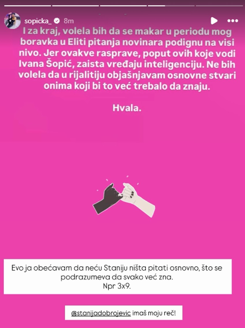Ivana Šopić se ponovo obratila Staniji, koja za 2 dana ulazi u Elitu: "Obećavam da to neću uraditi, imaš moju reč"