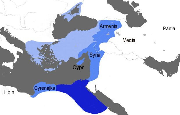 Mapa przedstawiająca ziemie pod kontrolą Antoniusza, Kleopatry i jej dzieci w 34 roku p.n.e. Na licencji Creative Commons Uznanie autorstwa - Na tych samych warunkach 3.0.