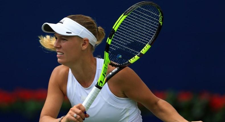 Caroline Wozniacki of Denmark plays a shot against Sloane Stephens of the US during their WTA Rogers Cup semi-final match, at Aviva Centre in Toronto, Canada, on August 12, 2017