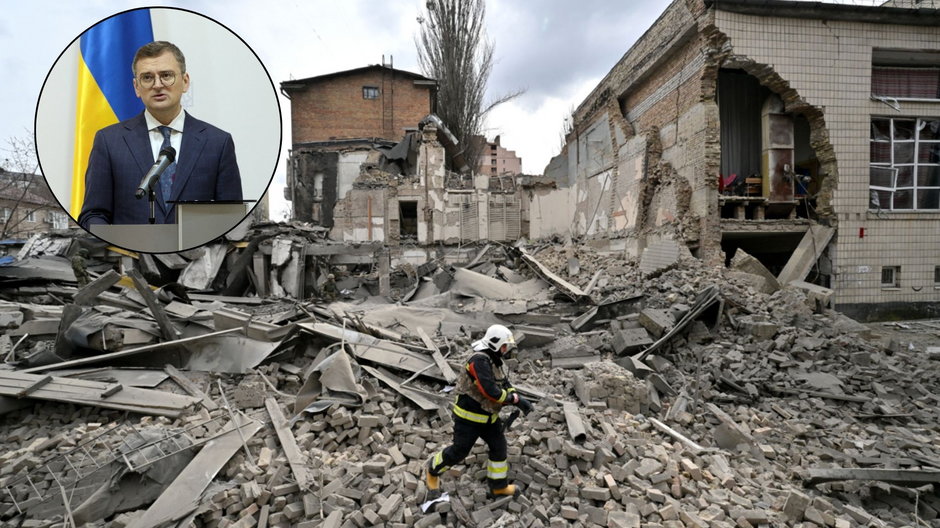 Zniszczone budynki w Kijowie po rosyjskim ataku rakietowym, 25 marca 2024 r.; w kółku: Dmytro Kułeba