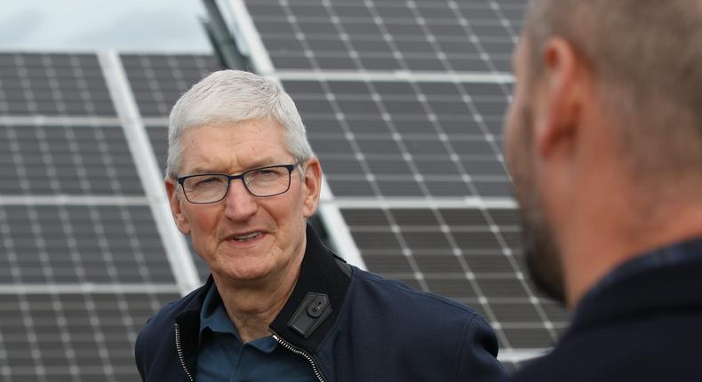 Apple CEO Tim Cook talks to an employee at a solar park in Hanstholm, Denmark.Christoph Dernbach/picture alliance via Getty Images