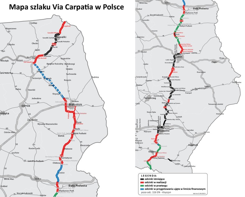 Mapa szlaku Via Carpatia w Polsce